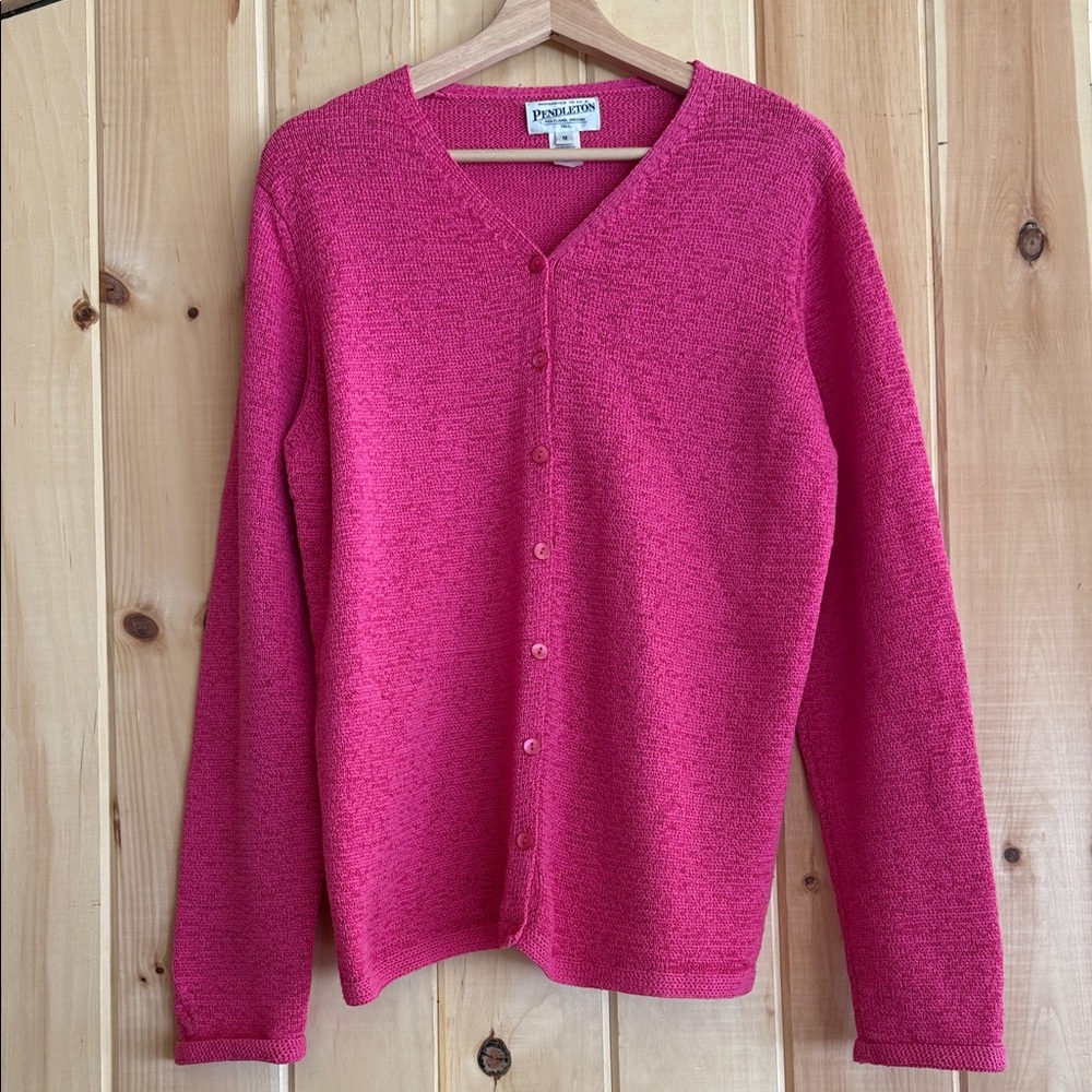 Vintage Pendleton Bright Pink V-Neck Cardigan - Size M Tall - Cotton Blend